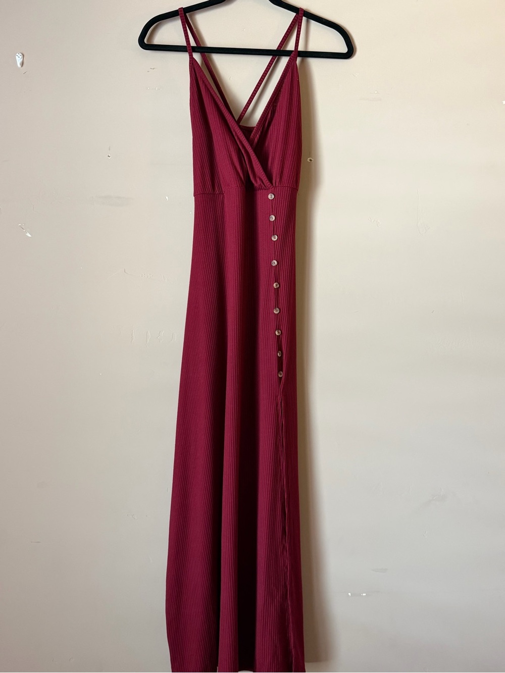 Say What? Wine Ribbed Maxi Dress with Side Button Detail